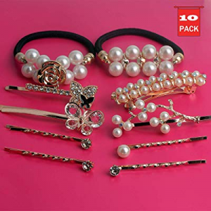 Anysoso Pearl Hair Clips and Crystal Hair Clips for Women Girls - 10pcs Large Bows/Clips/Ties for Bi