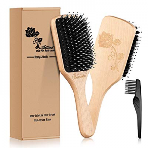 Boar Bristle Hair Brush with Nylon Detangle Pins,Wooden Paddle Hair brush for Women Men Smoothing an
