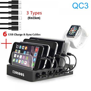 COSOOS Fastest Charging Station with QC3, 6 Phone Charger Cables(3 Types),lWatch Stand,6-Port USB Ch