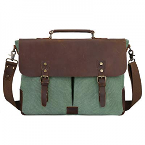 S-ZONE Canvas Messenger Bag Genuine Leather Trim Travel Briefcase Satchel Shoulder Bag 15.6-inch Lap