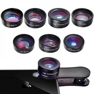Phone Camera Lens,7 in 1 Cell Phone Lens Kit for iPhone and Android, 198°Fisheye,120° Wide Angle,20X