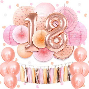 NICROLANDEE 18th Birthday Party Supplies - Coral Pink 40inch Rose Gold 18 Number Foil Balloon Hangin