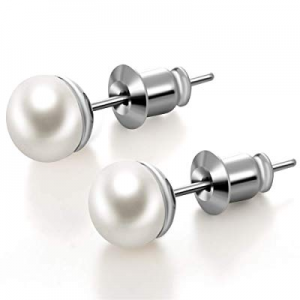 CZCITY Pearl Stud Earrings for Women - 6.5mm White Black Pearl Stud Earrings Freshwater Cultured n..