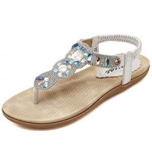 Zicac Women's Bohemian Rhinestone Thong Sandal Elastic Back Strap Clip Toe Flats Sandals now 55.0%..