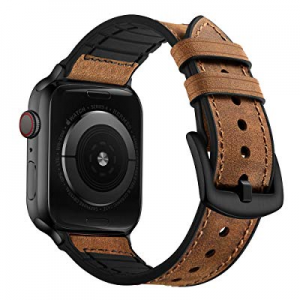 OUHENG Compatible with Apple Watch Band 42mm 44mm, Sweatproof Genuine Leather and Rubber Hybrid Band