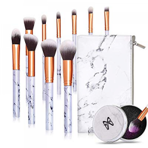 Makeup Brushes 10 Pieces Marble Makeup Brush Set with Makeup Brush Bag and Brushes Color Removal Spo