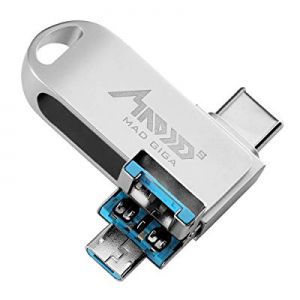 USB Flash Drive 32GB, MAD GIGA USB3.0 3-in-1 Memory Stick Type C, Micro B and Type-A Thumb Drive wit