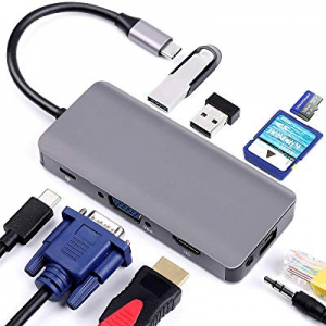 USB C Hub 9-in-1 Type C Hub with Gigabit Ethernet Port 2 USB 3.0 Ports SD/TF Card Reader, 3.5mm Audi