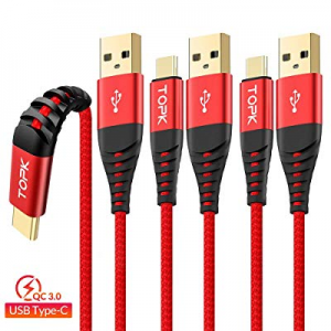 USB Type C Cable,TOPK USB C Cable [3-Pack 6.6ft 6.6ft 6.6ft] 3A Fast Charging Cable Nylon Braided Sy