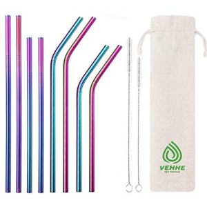 VEHHE Reusable Straws 8 Set Multi Color Stainless Steel Straws - Cleaning Brush for 20 Oz (Rainbow: 
