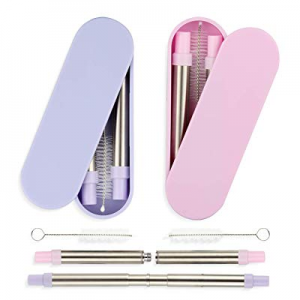 VEHHE Collapsible Metal Straws 2 Pack Reusable Telescopic Stainless Steel Straws with Cleaning Brush