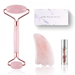 Jade Roller - Rose Quartz Face Roller and Gua Sha, Scrapping Massage Tools, Anti-Aging Beauty Kits f