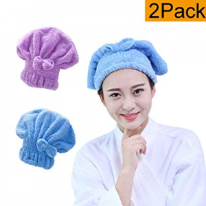 2 Pack Hair Towel Wrap, Bestgrass Hair Drying Towel with Button, Microfibre Hair Towel, Dry Hair Hat