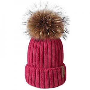 FURTALK Winter Knit Hat Detachable Real Raccoon Fur Pom Pom Womens Girls Warm Knit Beanie Hat now ..
