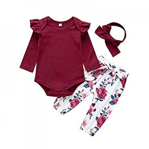 2020 Baby Girls Long Sleeve Flowers Hoodie Tops and Pants Outfit with Headband(Red,80 (3-6 Months)..