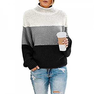 30.0% off Ferbia Women Color Block Cowl Neck Sweaters Batwing Oversized Knitted Pullover Chunky Lo..