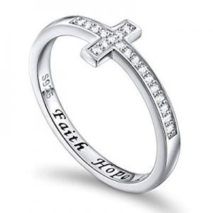 One Day Only！Inspirational Jewelry Sterling Silver Faith Hope Love Sideways Cross Ring, Size 5-10 ..