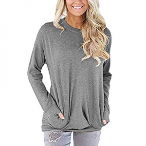 AMOUSTORE Womens Casual Tops Solid Long Sleeve Round Neck Pocket T Shirts Blouses Sweatshirts now ..