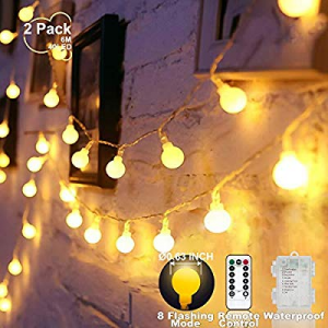 YoTelim Globe String Lights Battery Operated Warm White ，Water Proof 2 Pack 19.7FT 40 LED Globe Fa..