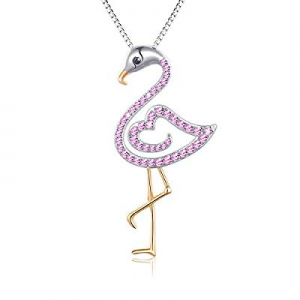 40.0% off Two Tone S925 Sterling Silver Bird Pendant Pink Flamingo Love Heart Necklace for Women L..