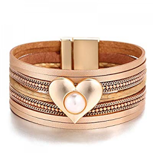 50.0% off FAXHION Love Heart Leather Bracelet - Layered Bracelets for Women - Gold Plated Pearl Cu..