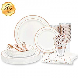 ENUOSUMA Rose Gold Dinnerware Set for 25 Guests [202pcs] Rose Gold Plastic Plates for Party | Disp..