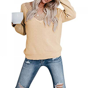 Chase Secret Womens Casual V Neck Lace Patchwork Long Sleeve Solid Color Pullover Sweater Tops S-X..