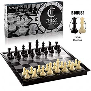 One Day Only！Chess Armory Magnetic Travel Chess Set Folding Board Game with Extra Queens and Stora..