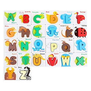 One Day Only！50.0% off GEMEM Alphabet Flash Cards Animals Wooden Jigsaw Puzzle ABC Letter Cards fo..