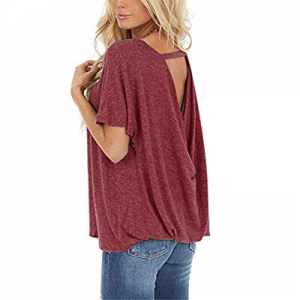 LCSOFT Women's Cutout Back Twist T Shirts Round Neck Tee Short Sleeve Loose Top now 20.0% off 