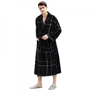 Mens Long Fleece Robe now 60.0% off ,Warm Soft Bathrobe Lightweight Plush Bath Robe Cozy Plaid Cou..