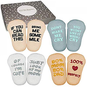 SurBaby Baby Socks with Funny Quotes (4 Unique Pairs) Girls/Boys Infant Socks Baby Shower Gift Set..