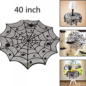 One Day Only！Fashionwu Halloween Tablecloth 40 Inch Round Spider Web Lace Table Topper Black Spide..