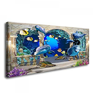 One Day Only！72.0% off D72862 Canvas Wall Art 3D Dolphin Turtle and Fish Background Large Wall Dec..