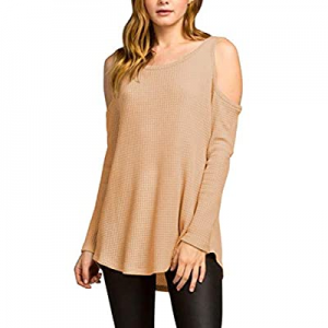 Pink Queen Women's Round Neck Long Sleeve Cold Shoulder Waffle Knit Tunic Tops Blouses now 32.0% o..