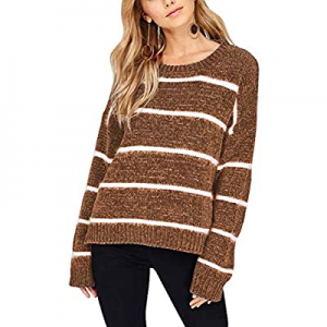 Pink Queen Women Crew Neck Long Sleeve Stripe Print Loose Knitted Pullover Sweater now 60.0% off 