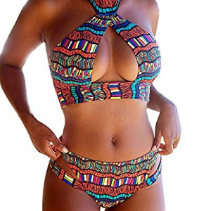 80.0% off Women's Ethnic Color Print Open Chest Halter Bikini Set Push-Up Padded Bra Swimsuit Cut ..