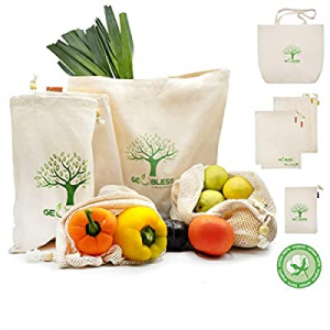 Geobless Reusable Produce Bags Washable (6 Pc. Set) GOTS Certified Organic Cotton Muslin Net Mesh ..