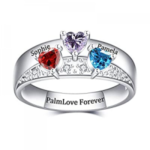 PalmLove Mothers Ring with 3 Birthstones Personalized now 60.0% off , Sterling Silver Custom Engra..