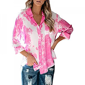 Astylish Women Casual Tie Dye Cuffed 3 4 Sleeve Button up V Neck Blouse Tops now 5.0% off 