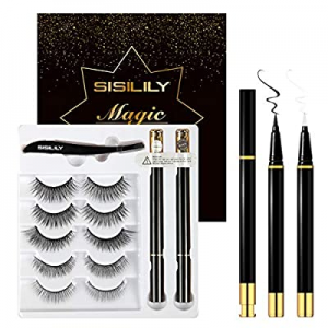 SISILILY 5 Pairs False Eyelashes Kit with 2 Different Eyeliner Pen|Non Magnetic,No Glue Needed Natur