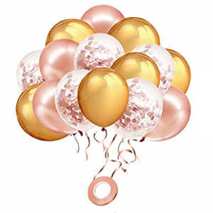 Rose Gold Confetti Balloons, 60 Pack 12 Inch Latex Party Balloon Set with 11 Yard Rose Gold Ribbon f