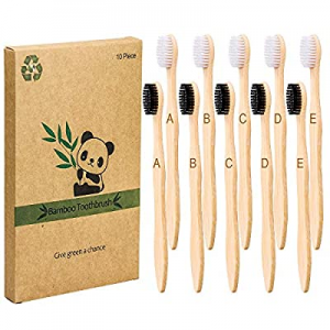 10 Pack- Biodegradable Natural Bamboo Toothbrushes, BPA Free Soft Charcoal Bristles, Eco-Friendly, C
