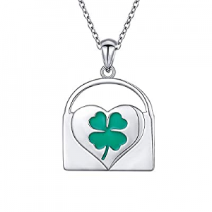 925 Sterling Silver Four Leave Clover Heart Lock Pendant Necklace for Women St. Patrick's Day Gift..