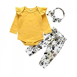 2020 Baby Girls Long Sleeve Flowers Hoodie Tops and Pants Outfit with Headband(Yellow now 80.0% of..