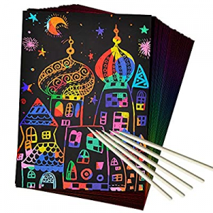 ZMLM Scratch Art Set now 40.0% off , 50 Piece Rainbow Magic Scratch Paper for Kids Black Scratch O..
