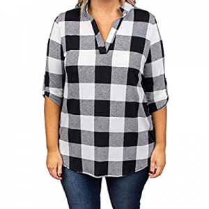 Womens Plus Size Plaid Shirts Casual V Neck 3/4 Sleeve Tunic Tops Checked Cuffed Blouse now 58.0% ..