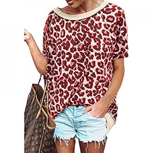Aimico Womens Leopard Boat Neck Shirt Camo Colorblock Short Sleeve Casual Top now 50.0% off 