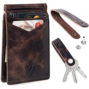 Men's Leather RFID Money Clip Slim Wallet with Leather Keychain now 61.0% off 