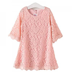 Qmislg Girls Lace Flower Dresses Casual Crew Neck Floral A-Line Party 3/4 Sleeve Dress now 10.0% o..